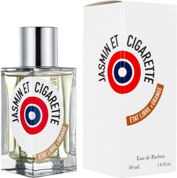 Klarowna butelka perfum Jasmin Et Cigarette Etat Libre D'Orange i białe pudełko z logo, widok z przodu.