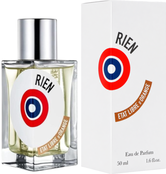 Perfumy unisex Etat Libre D'Orange Rien 50ml, butelka z klarownego szkła i białe pudełko z logo, widok z przodu.