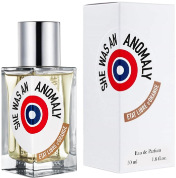 Unisex perfumy Etat Libre D'Orange She Was An Anomaly: butelka z logo i białe pudełko na białym tle.