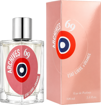Woda perfumowana unisex Etat Libre D'Orange Archives 69. Przezroczysta butelka, różowe pudełko z logo. Widok z przodu.