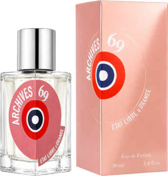 Etat Libre D'Orange Archives 69, orientalna EDP, butelka z różową etykietą i brzoskwiniowe pudełko, widok z przodu.