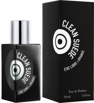 Czarny flakon perfum unisex Clean Suede Etat Libre d’Orange z srebrną nakrętką i pudełkiem, widok z przodu.