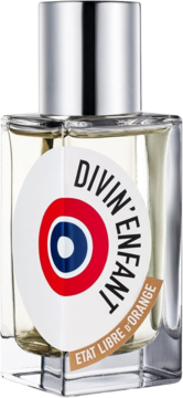 Szklana butelka perfum unisex Etat Libre d'Orange Divin'Enfant, biała etykieta z czerwono-niebieskim logiem celownika.