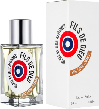 Fils de Dieu Etat Libre d’Orange unisex EDP. Butelka i białe pudełko z czerwono-niebieskim logo, widok z przodu.