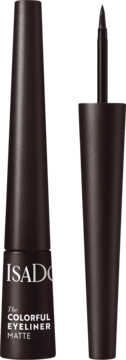 Matowy brązowy eyeliner IsaDora w otwartej butelce z aplikatorem o spiczastej końcówce, widok z przodu.