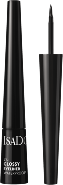 Czarne IsaDora The Glossy Eyeliner Waterproof, butelka i obok otwarta z aplikatorem do precyzyjnych kresek.