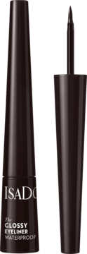 Eyeliner IsaDora The Glossy Waterproof w brązowej butelce, z widocznym precyzyjnym aplikatorem obok.
