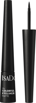 Czarny matowy eyeliner IsaDora The Colorful Eyeliner Matte, otwarty z widocznym aplikatorem ze szpiczastą końcówką.