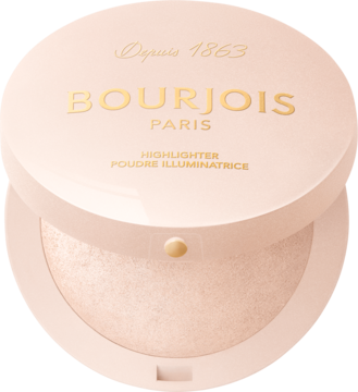Rozświetlacz do twarzy Bourjois Maxi Round Pot, pudrowy, jasnoróżowy kompakt, lekko otwarty z perłowym pudrem.