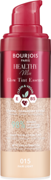 Bourjois Healthy Mix Glow Tint Essence 015 Fair Light, nawilżająca esencja z perełkami pigmentu, butelka z czerwoną pompką.
