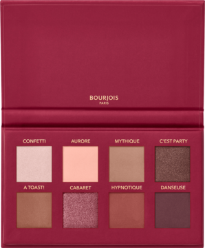 Otwarta paleta cieni Bourjois Gold Glamour Soirs de Paris z 8 matowymi i błyszczącymi odcieniami wiśni i złota.