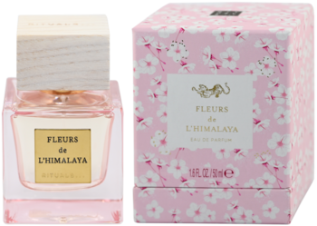 Rituals Fleurs de L'Himalaya woda perfumowana: różowy flakon z drewnianym korkiem obok kwiecistego pudełka.
