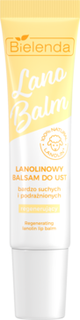 Bielenda Lano Balm, regenerujący lanolinowy balsam do ust dla bardzo suchych, żółto-biała tubka, widok z przodu.