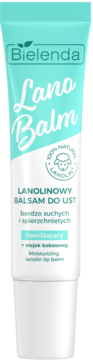 Bielenda Lano Balm, nawilżający balsam do ust z lanoliną, w turkusowo-białej tubce, widok z przodu.