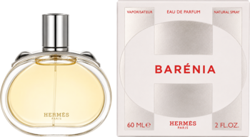 Hermes Barénia, damska woda perfumowana 60ml, szklana butelka z bursztynowym płynem i białe pudełko z czerwonym napisem.