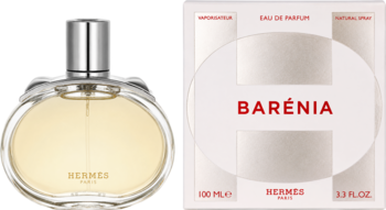 Hermes Barénia Eau de Parfum: przezroczysta butelka z żółtym płynem i białe pudełko z czerwonym napisem.