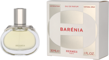 Damska woda perfumowana Hermes Barénia Eau de Parfum w przezroczystej, okrągłej butelce i beżowe pudełko z H.