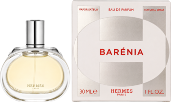 Damska woda perfumowana Hermes Barénia, szyprowa, w okrągłej butelce i białym pudełku z czerwonym napisem.