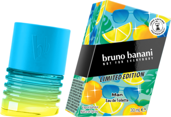 Bruno Banani Limited Edition męska woda toaletowa, butelka w odcieniach błękitu i żółci, pudełko z wzorem tropikalnym.