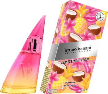 Bruno Banani Limited Edition, damska woda toaletowa. Różowo-żółta butelka i pudełko z motywem kokosów i ananasów.