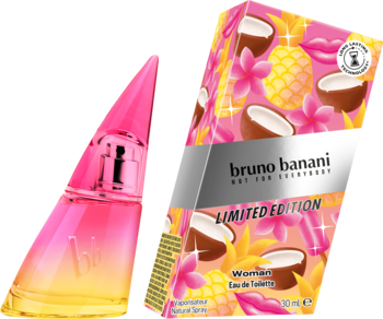 Bruno Banani Limited Edition, damska woda toaletowa. Różowo-żółta butelka obok pudełka z tropikalnym wzorem.