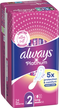 Always Platinum: różowe opakowanie podpasek, rozmiar 2 long, 24 sztuki, bezzapachowe, ochrona 5w1.