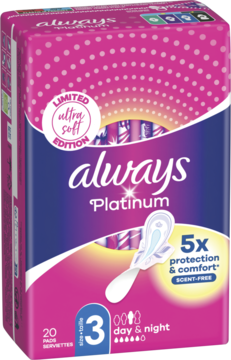 Always Platinum Day & Night podpaski rozmiar 3 w różowo-granatowym opakowaniu z napisem "ultra soft".