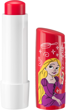 NIVEA Wild Cranberry Roszpunka balsam do ust, otwarty, czerwony sztyft i biała podstawa, czerwona skuwka z księżniczką.