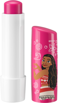 NIVEA Watermelon Sorbet lip balm Disney Vaiana, otwarta tubka z różowym sztyftem i różowa zakrętka z Vaianą.