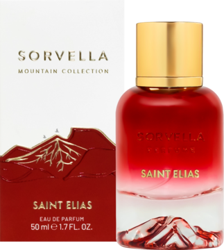 Woda perfumowana Sorvella Saint Elias: czerwono-przejrzysta butelka i białe opakowanie z górskim motywem.