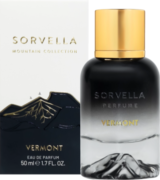 Sorvella Vermont Eau de Parfum 50ml: czarno-złota butelka i białe pudełko z motywem gór, widok z przodu.