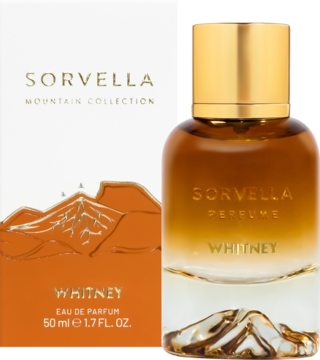 Sorvella Whitney unisex EDP 50ml, dwukolorowa butelka z brązowym płynem i złotą nakrętką, na tle pudełka.