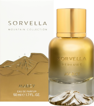 Sorvella Marcy woda perfumowana: złota butelka z rzeźbionym dnem obok białego pudełka z górami.