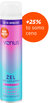 Frontalny widok różowo-niebieskiego żelu do golenia Venus z witaminą E i aloesem dla skóry wrażliwej, 25% więcej.