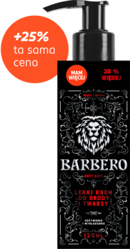 Czarna butelka Barbero Lekki krem do brody i twarzy 125ml z logo lwa, widok z przodu, na czerwonym tle z informacją +25%.