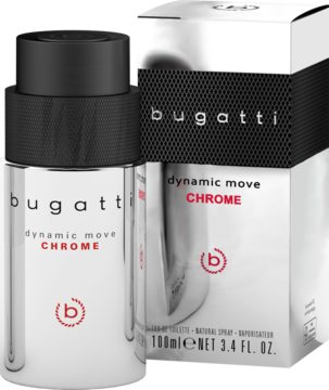 Srebrno-chromowa butelka Bugatti Dynamic Move Chrome męskiej wody toaletowej obok pasującego pudełka, widok z przodu.