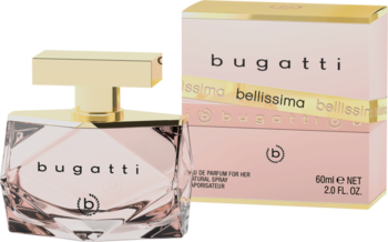 Bugatti Bellissima woda perfumowana: fasetowana butelka z różowym płynem, złotym korkiem, obok różowo-złote pudełko.