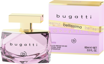 Damska woda perfumowana Bugatti Bellissima Viola w fioletowej butelce i różowym pudełku, widok z przodu.