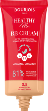 Bourjois Healthy Mix BB Cream 0.5 Warm Ivory, nawilżający i wegański, w czerwono-beżowej tubce, widok z przodu.