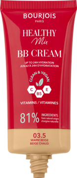 Bourjois Healthy Mix BB Cream 03.5 Warm Beige, czerwono-beżowa tubka, widok z przodu, otwarty aplikator.