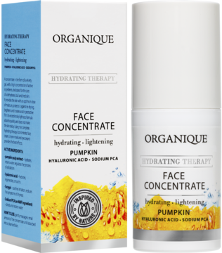 Koncentrat ORGANIQUE Hydrating Therapy Face Concentrate dyniowy, nawilżająco-rozświetlający, biała butelka i pudełko.