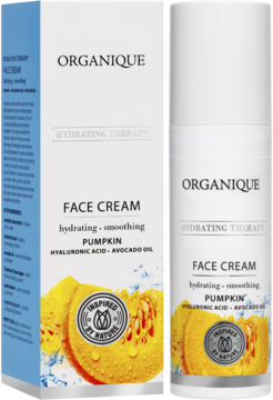 Organique Hydrating Therapy Face Cream w białej butelce z pompką i pudełku, z motywem dyni.