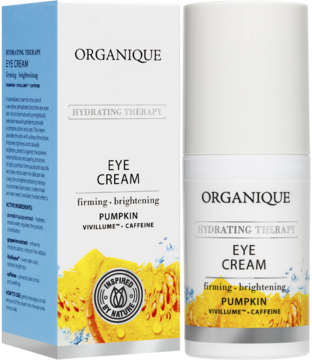 Organique Hydrating Therapy Eye Cream z dynią i kofeiną, do skóry wrażliwej. Białe opakowanie z grafiką dyni, widok z przodu.