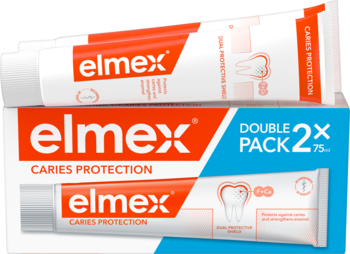 Dwupak pasty do zębów elmex Caries Protection, dwie białe tubki w czerwono-białym pudełku, widok z przodu.