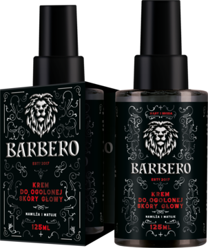 Dwie czarne butelki Barbero kremu do ogolonej skóry głowy, nawilżający i matujący, widok pod kątem.