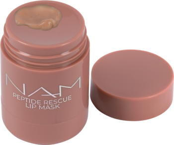 NAM Peptide Rescue Lip Mask w otwartym, matowym, różowym słoiczku z widocznym brązowym balsamem.