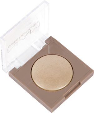 NAM Sheer Highlighter 01 Sunrise, beżowy rozświetlacz do twarzy. Otwarty, kwadratowy kompakt z perłowym wkładem, widok z góry.