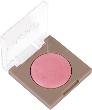 NAM Shimmer Blusher 01 Strawberry Lemonade. Otwarty beżowy kompakt z różowym, rozświetlającym różem, widok z góry.