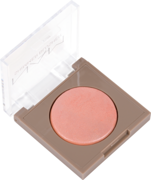 NAM Shimmer Blusher 02 Peach Ice Tea, otwarty rozświetlający róż w kwadratowym taupe kompakcie.
