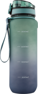 Matowa butelka na wodę z gradientem turkusowo-granatowym, miarką do 800ml, klapką i paskiem do noszenia.